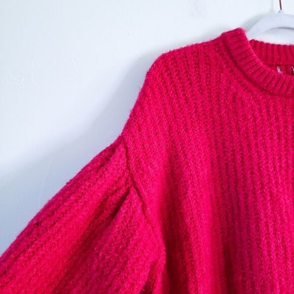 Chunky Knit Bright Pink Gathered Balloon Sleeve Crewneck Sweater - Picture 4 of 4
